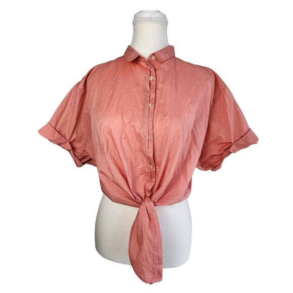 Women's Crop Top- Front tie- Button Up-Collared-Light Coral Color - Picture 8 of 16